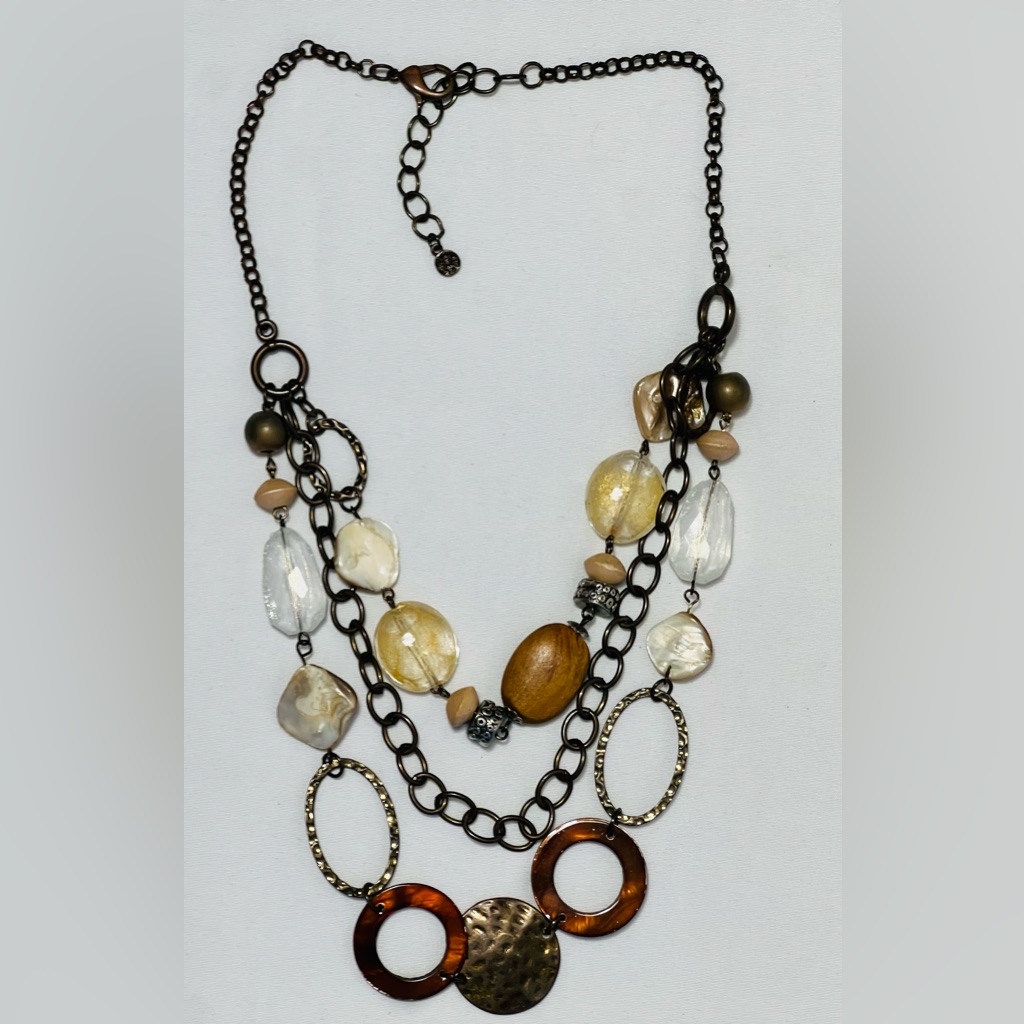 Ruby Rd. Antiqued Gold Multi-Strand Wood Glass Mother Of Pearl Retro Necklace